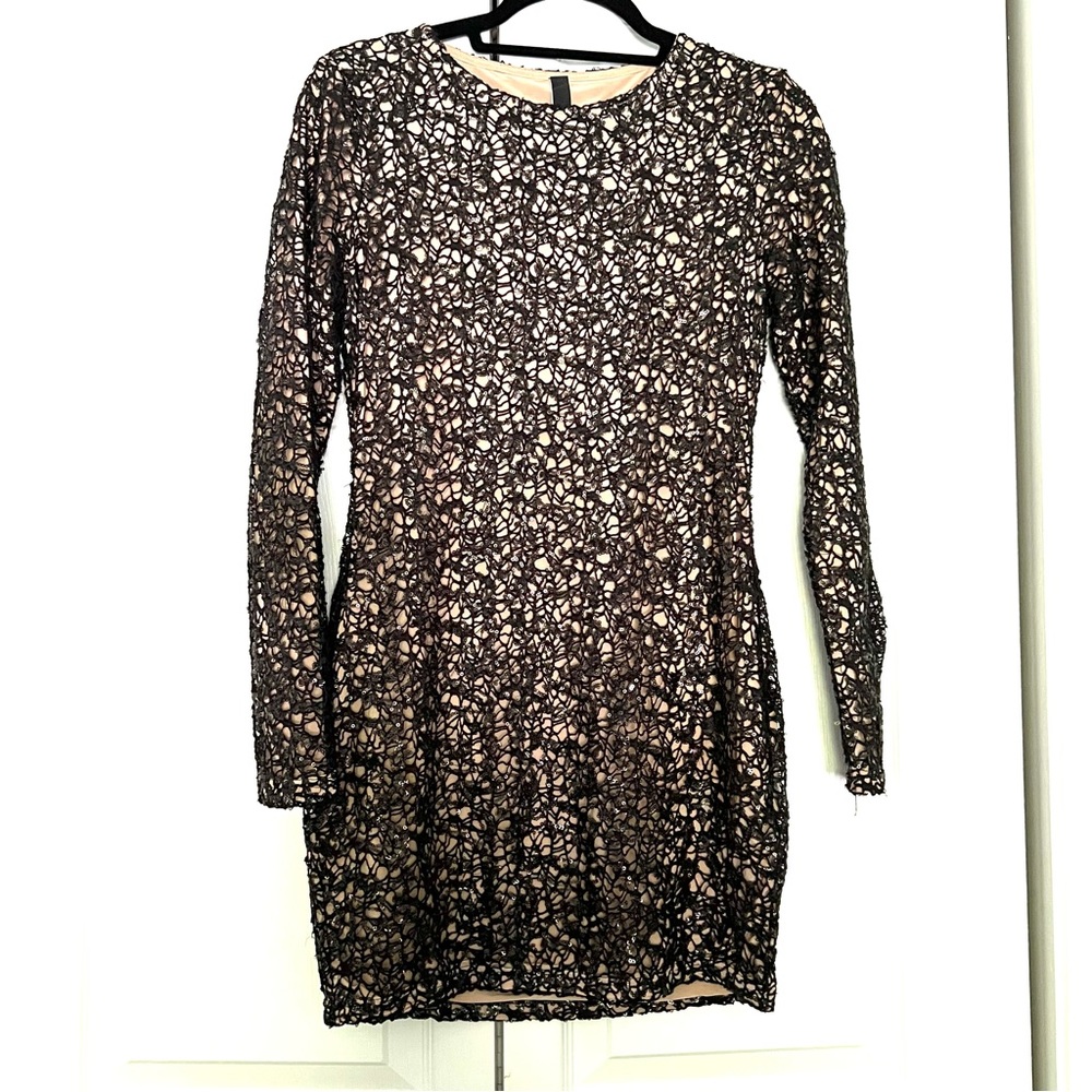 AQ/AQ Sequin Long Sleeve Dress Black Nude Mini